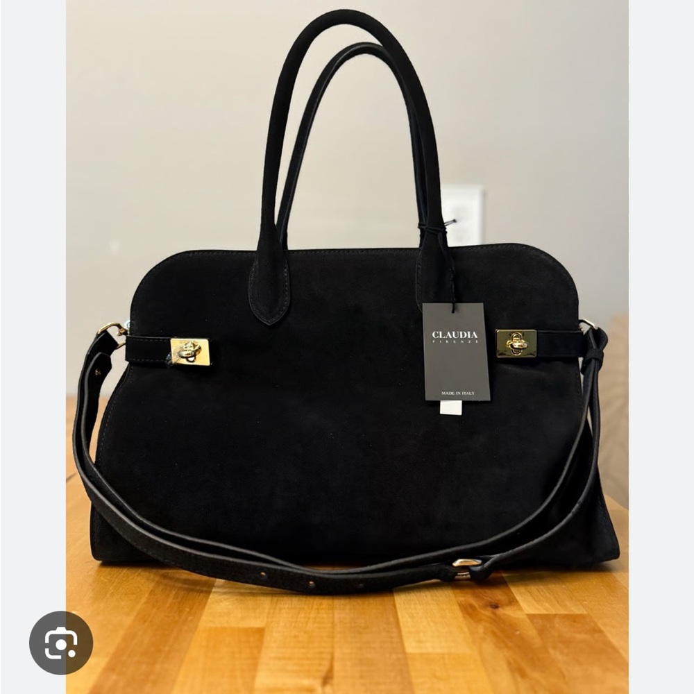 Claudia Black Suede Shoulder Bag with Gold Details